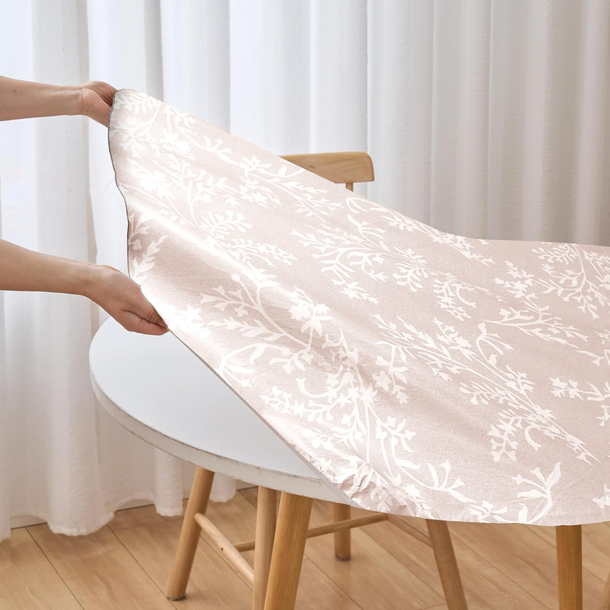 Round Vinyl Fitted Tablecloth with Flannel Backing Elastic Edge Plastic Table Cover - Warm Brich - Waterproof