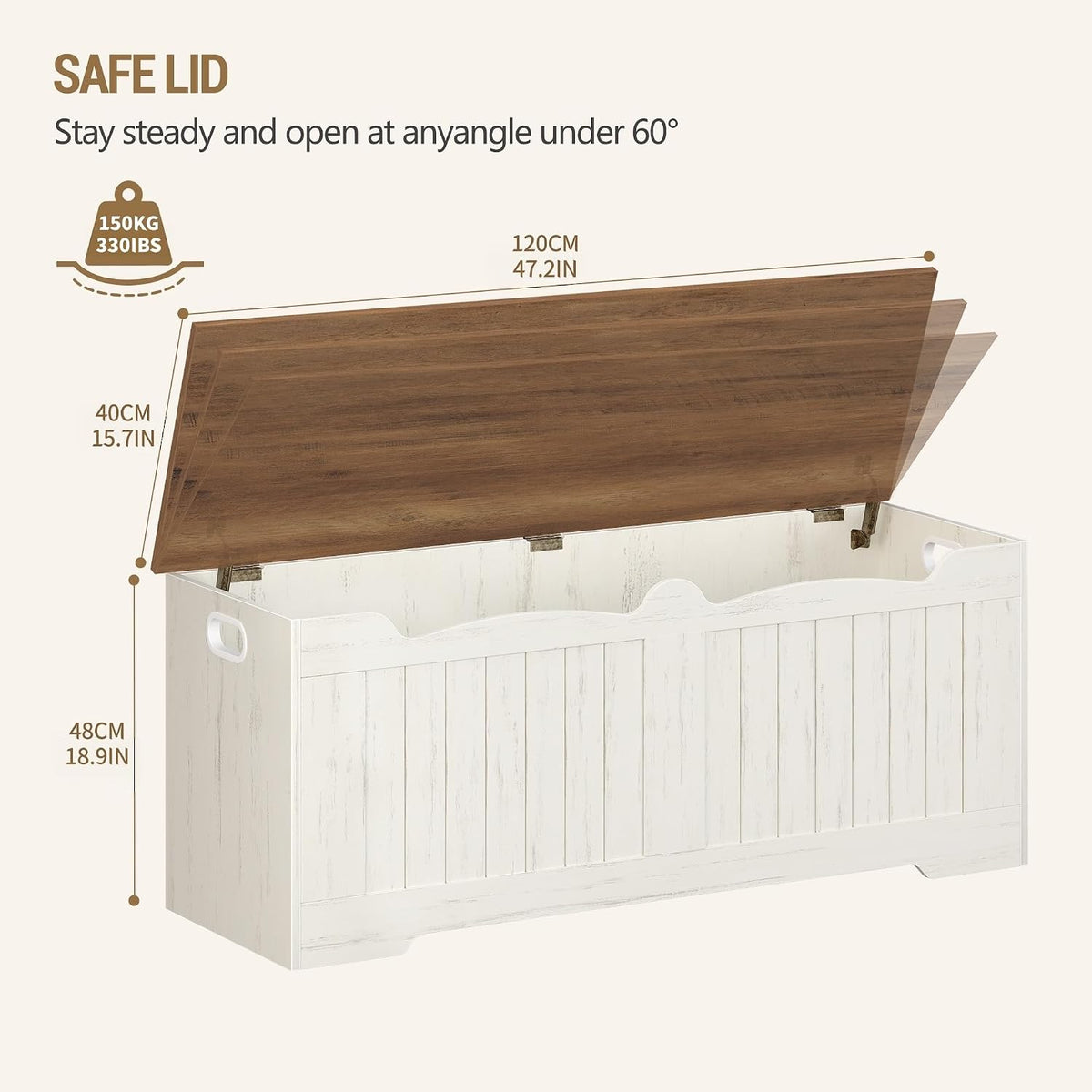 47" Lift Top Storage Bench,225L/59Gal FSC Wood Chest | Retro White | 330lb Seating | Double Hinges | Bedroom Blanket