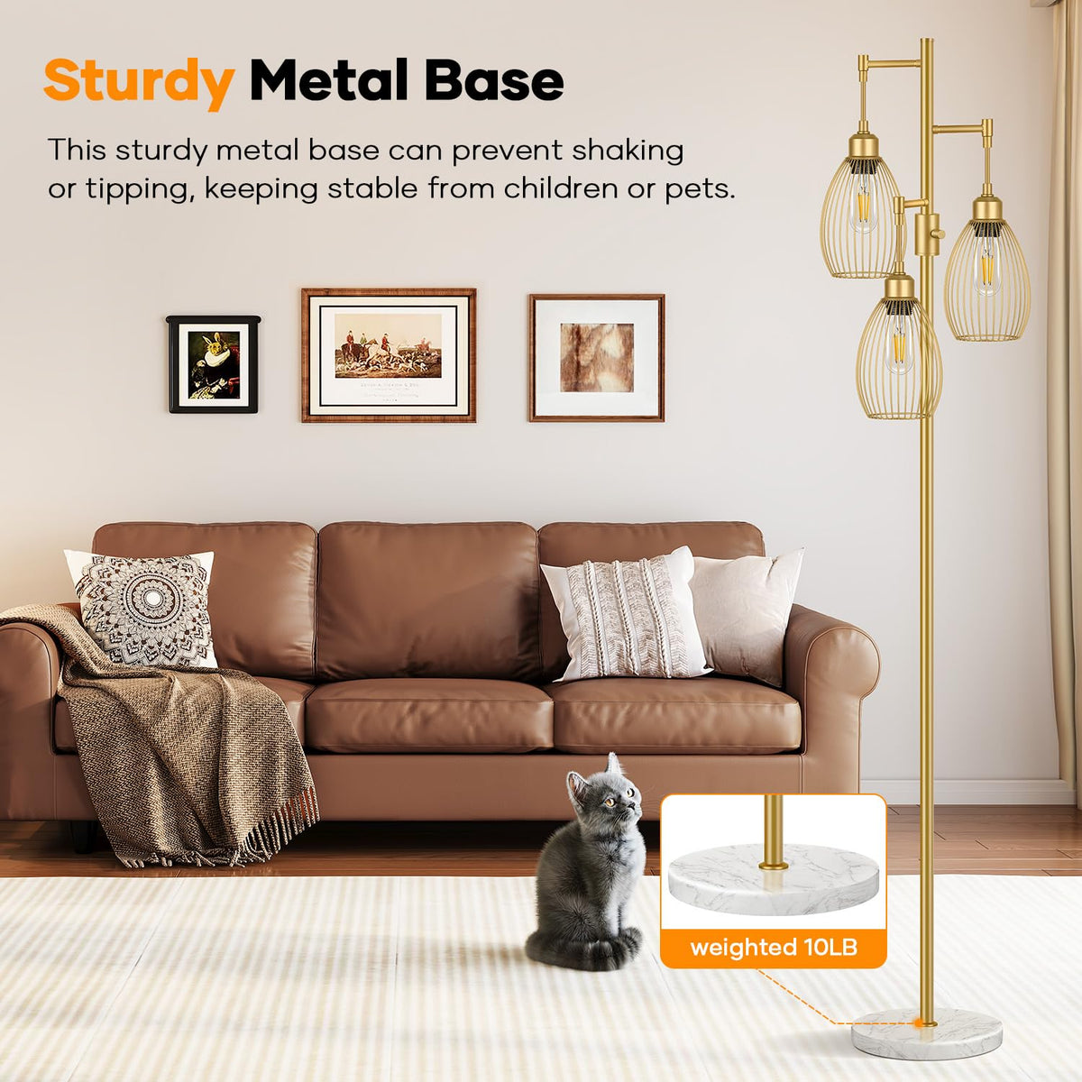 Dimmable Floor Lamp,3x800LM LED Bulbs Included, Farmhouse Industrial Floor Lamp Standing Tree Lamp with Teardrop Cage