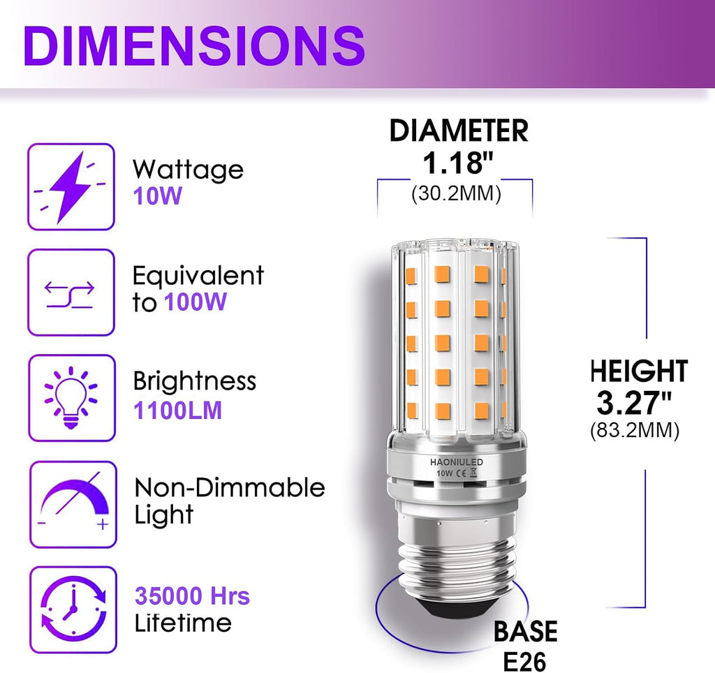 E26 Bulb 10W led Corn Light Bulb Warm White 2700K 1100 Lumen 100 watt Equivalent E26/E27 Base Non-Dimmable led