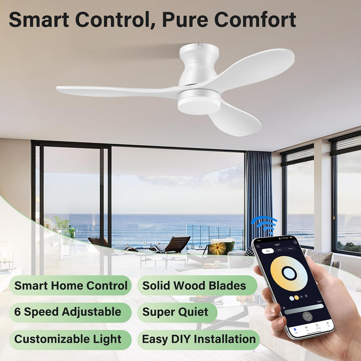 42" White Smart Flush Mount Ceiling Fan with Light & Remote