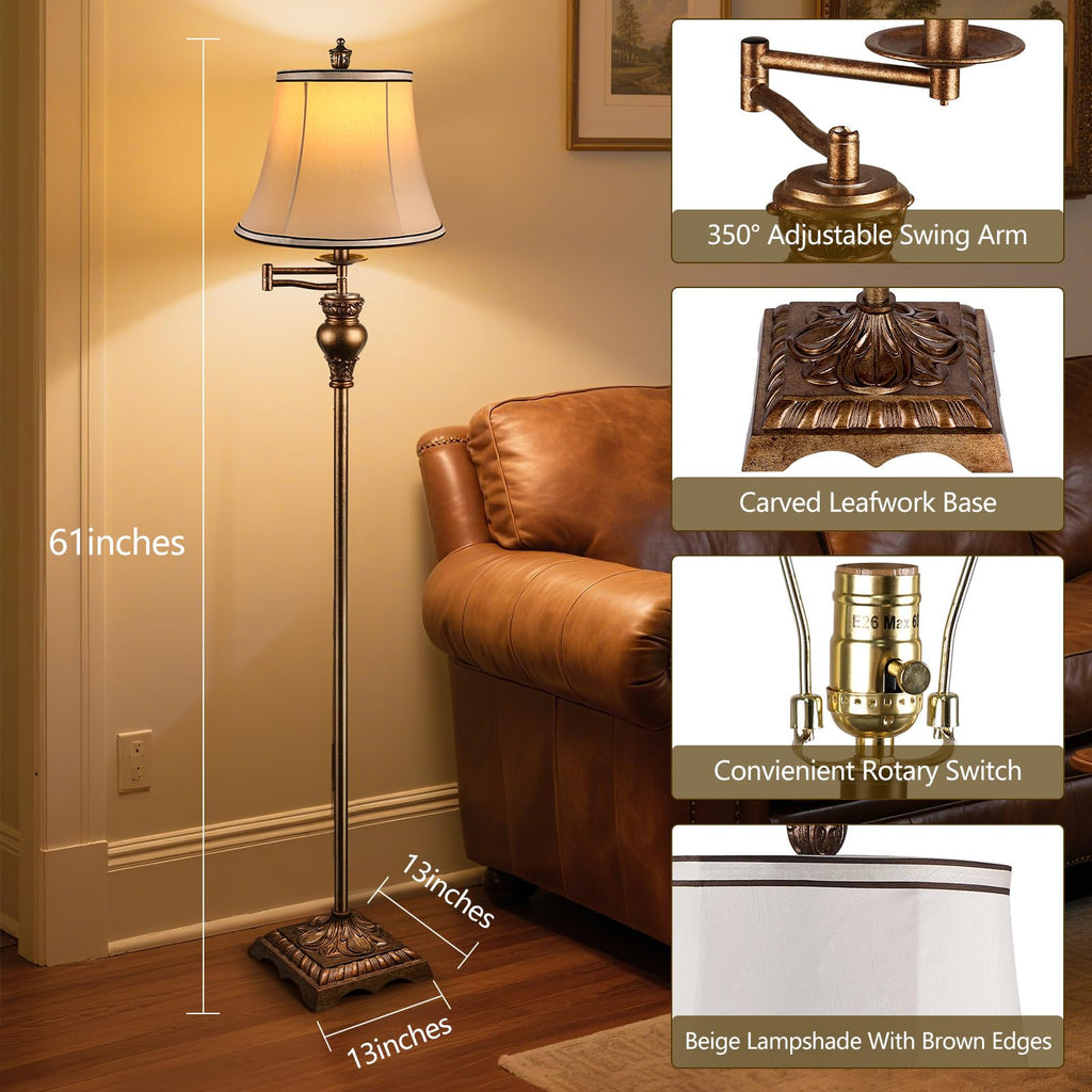 Vintage Floor Lamps,Traditional 350° Adjustable Swing Arm Farmhouse Floor Lamp, Rustic Standing Lamp Pole Lamps