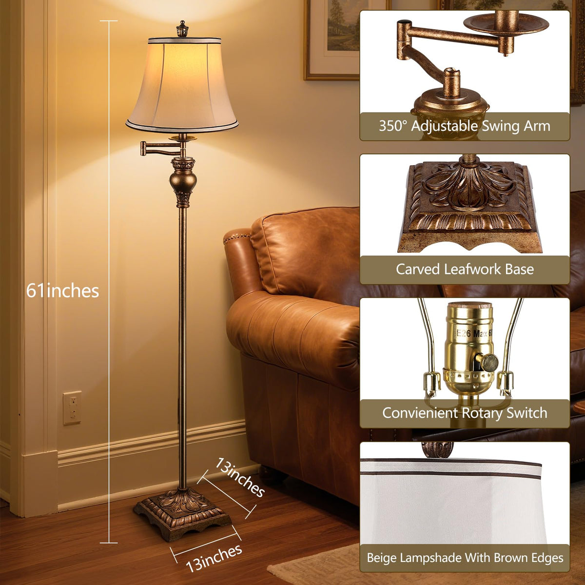 Vintage Floor Lamps,Traditional 350° Adjustable Swing Arm Farmhouse Floor Lamp, Rustic Standing Lamp Pole Lamps