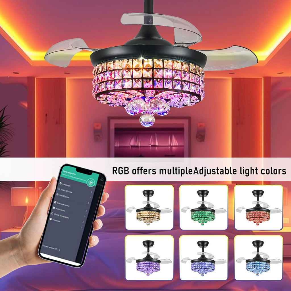 30" Black Crystal Retractable Ceiling Fan with Light
