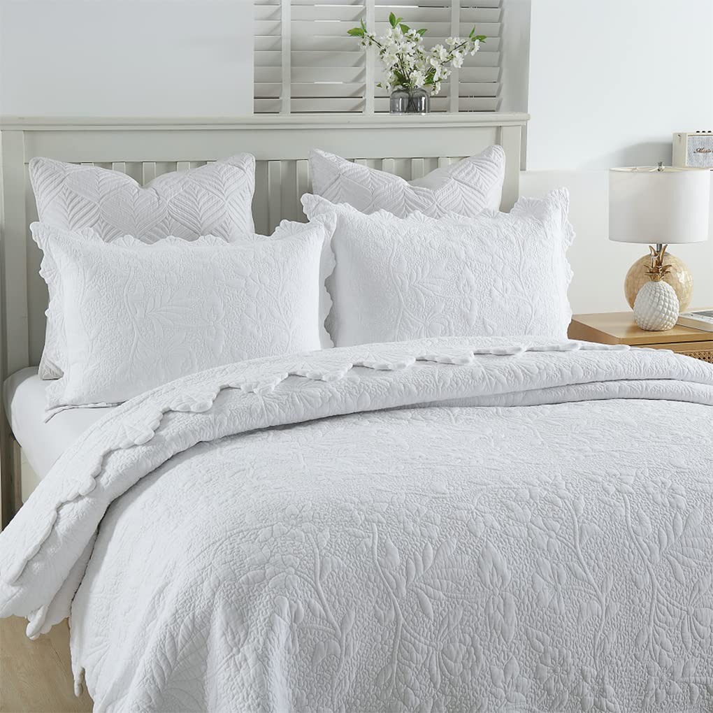 White Cotton Quilt Set Twin Scalloped Matelasse Coverlet 2PC