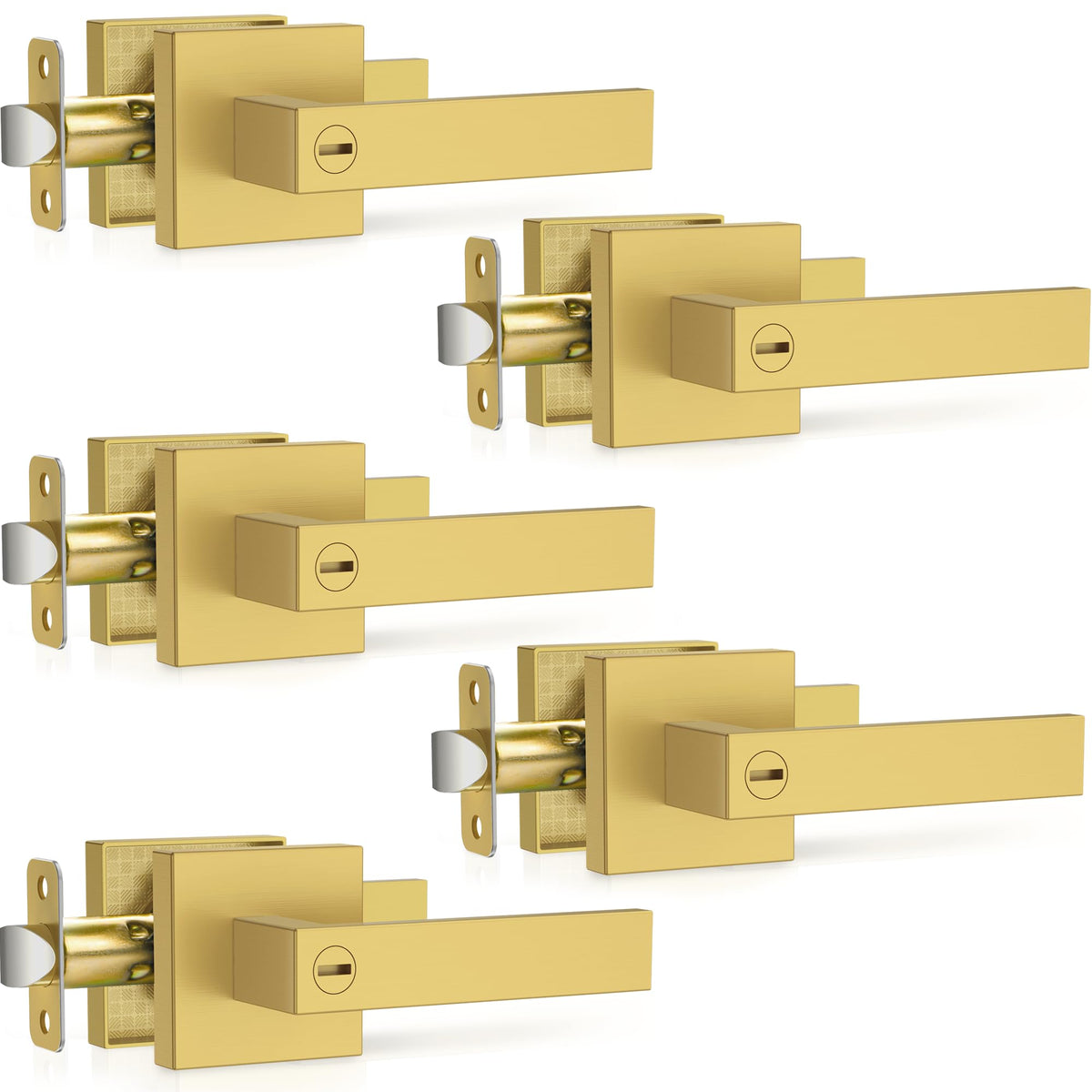 5 Pack Brushed Gold Door Handles, Interior Door Knob Heavy Duty, Flat Square Privacy Door Locks, Keyless Door Leverset