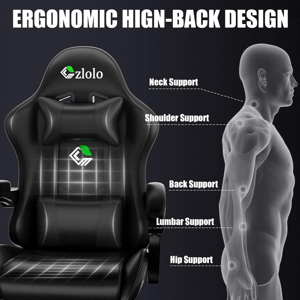 Gaming Chair with Footrest Racing Style Lumbar Support Massager Video Game Chair with Metal Legs, High Back Gamer