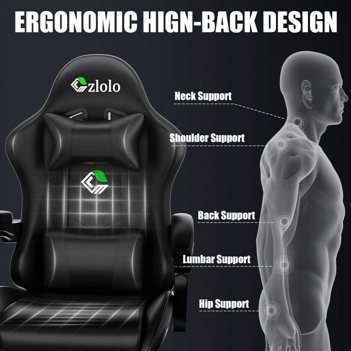Gaming Chair with Footrest Racing Style Lumbar Support Massager Video Game Chair with Metal Legs, High Back Gamer