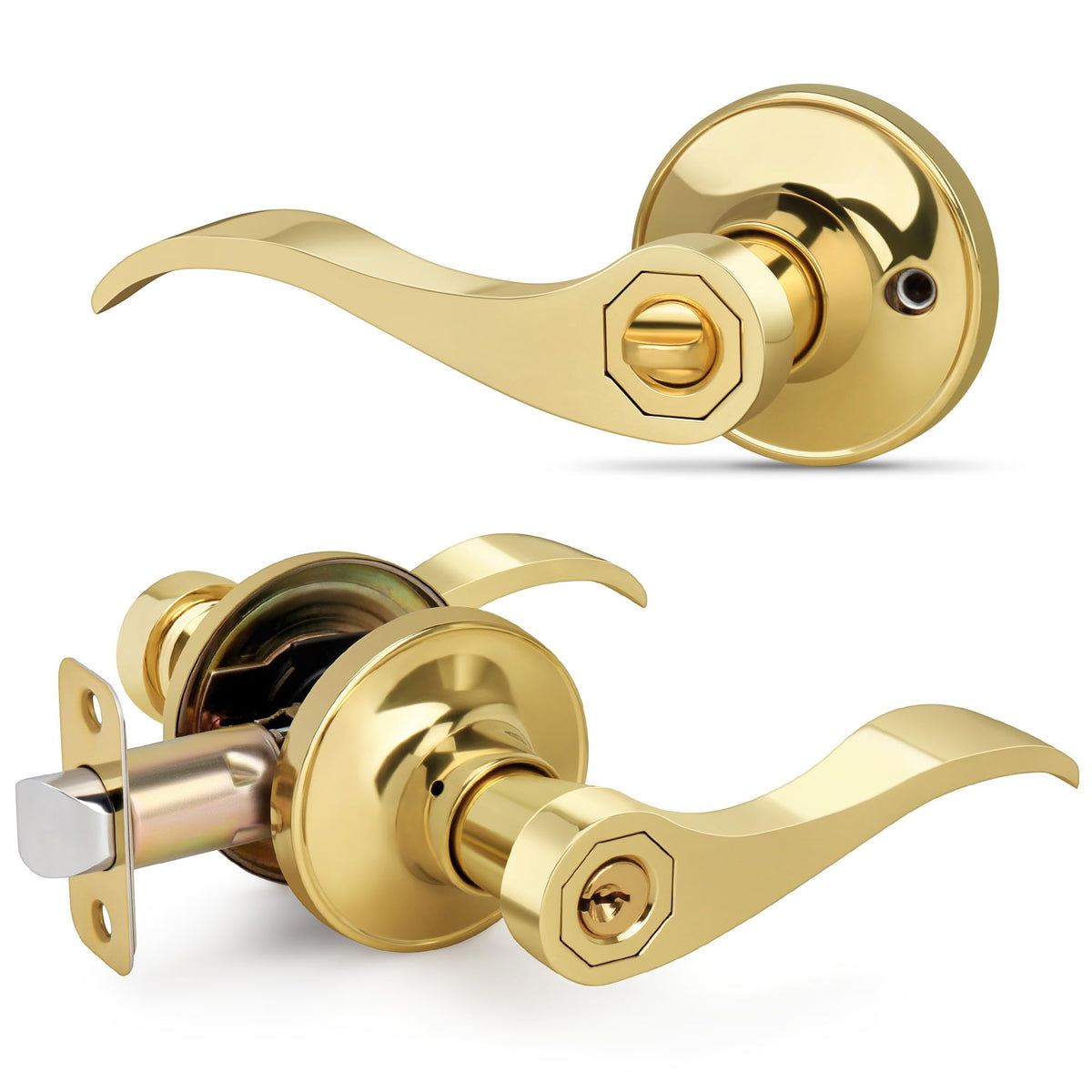 Gold Wave Style Door Handles with Lock and Key (Keyed Differently), Polished Gold Keyed Entry Door Handle, Reversible