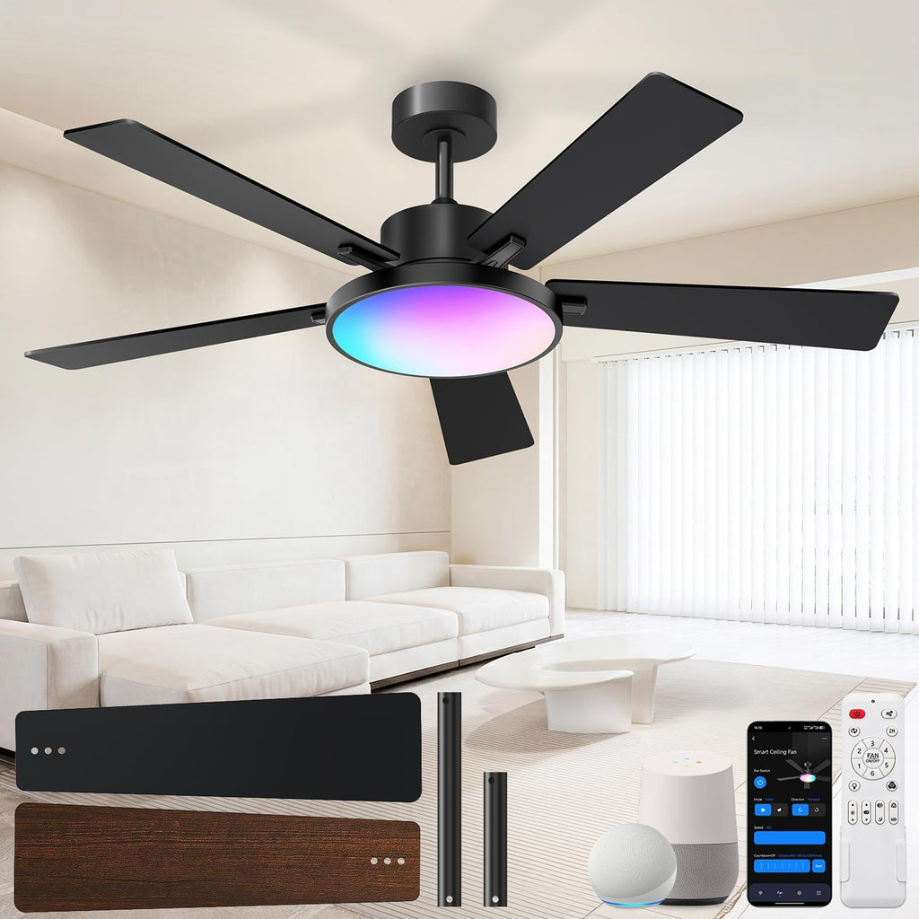 52" Smart Flush Mount Ceiling Fan with Light & Remote