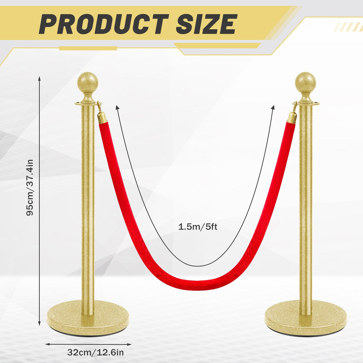 4 Pcs Stainless Steel Stanchion 38 Inch, Velvet Rope, Glitter Gold