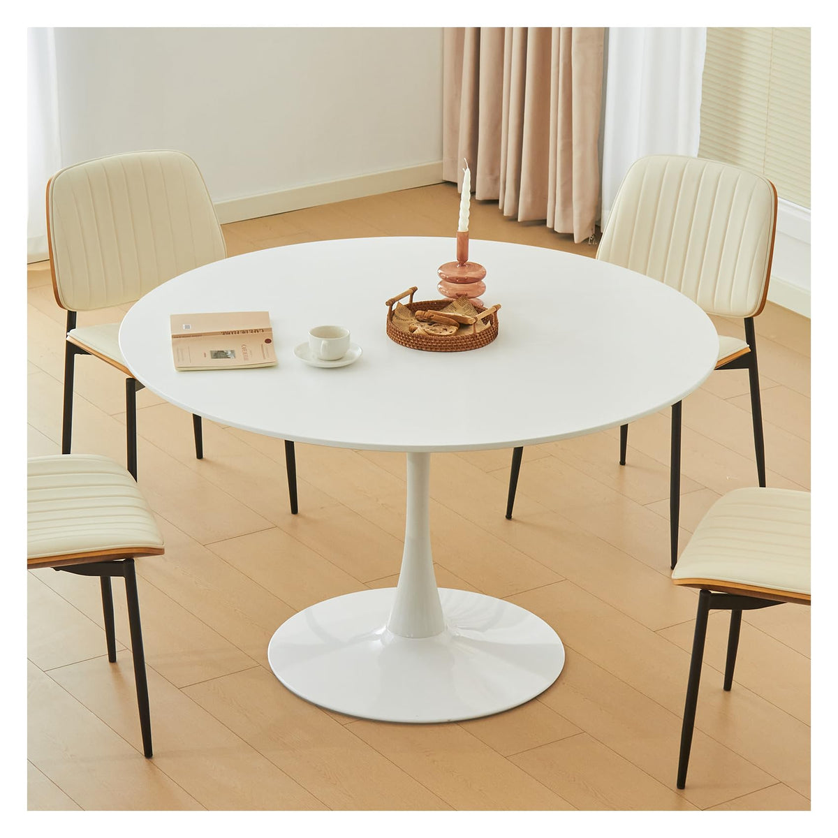 Inspired Saarinen Style Round Dining Tulip Table for 4, Mid-Century Modern Table with Sturdy Metal Pedestal, Bistro, Cafe, Leisure (White