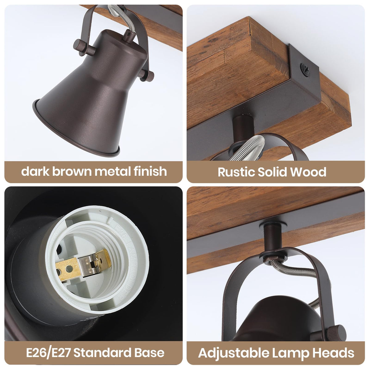 Farmhouse Wood Track Lighting with Dark Brown Metal Shades
