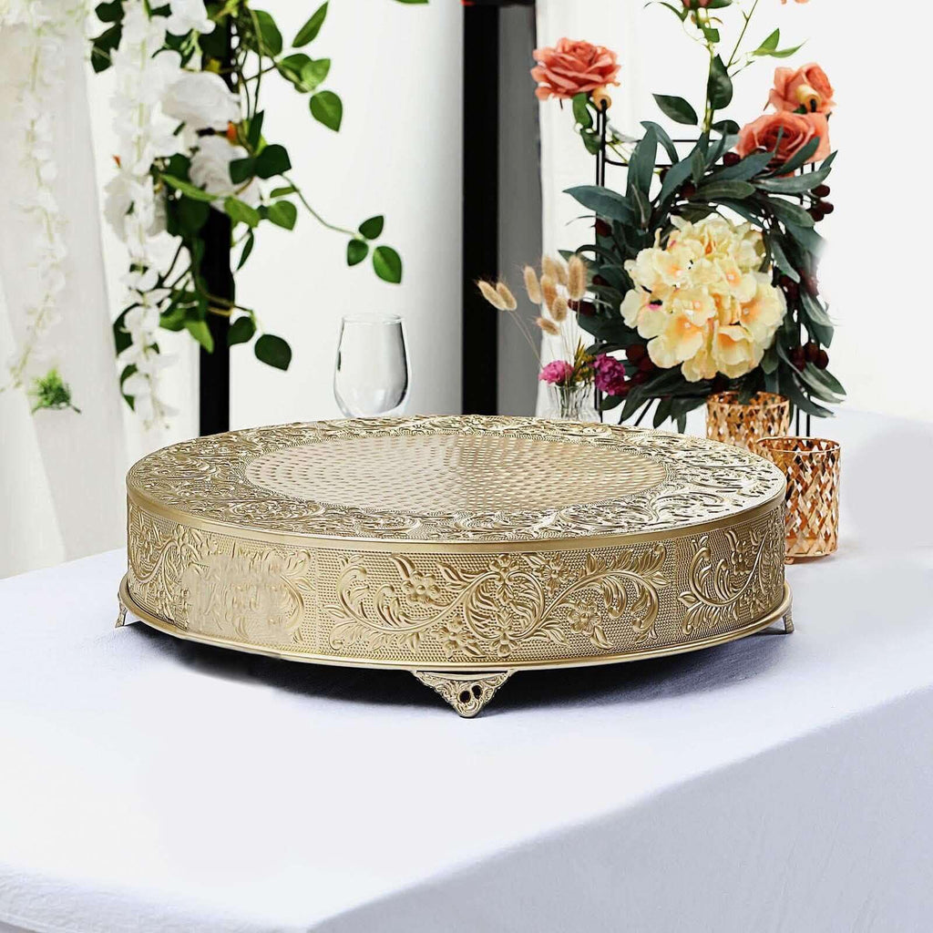 22" Gold Round Embossed Metal Cake Plateau, Large Wedding Cake Stand Riser for Reception & Banquet