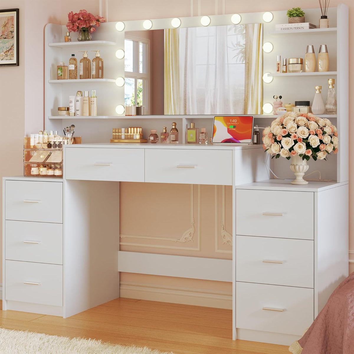 Large Vanity Desk with Mirror & Lights, White Makeup Vanity with 8 Drawers & 6 Storage Shelves, Vanity Set with LED