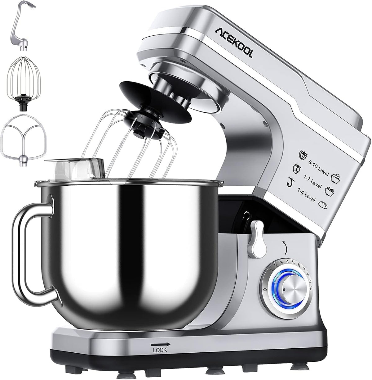 7.5QT Stand Mixer, 660W Kitchen Mixer with 10 Speeds, Silver