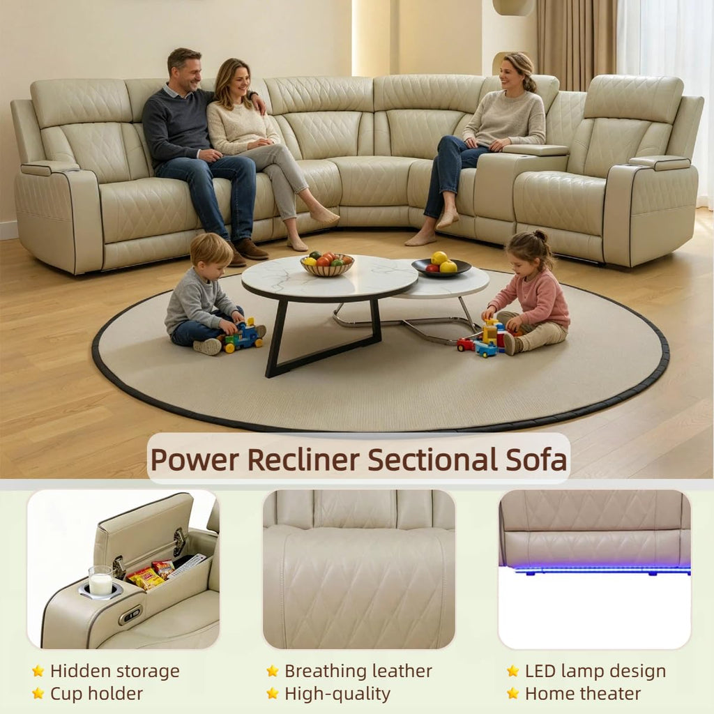 Breathing Leather Power Reclining Sofa Set, Sectional Couch with LED Light