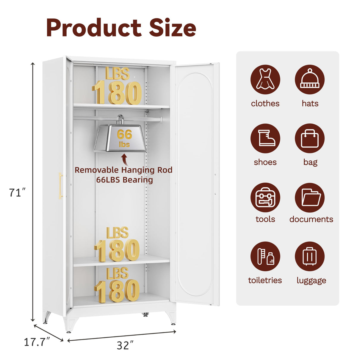 71" Tall Metal Bedroom Armoire, Wardrobe Closet with Doors, White