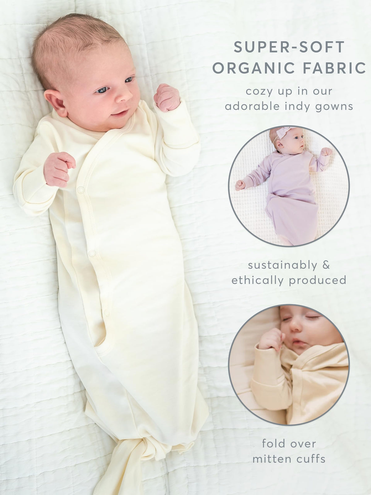 Organic Cotton Knotted Gown - Infant Nightgown with Mitten Cuffs - Natural