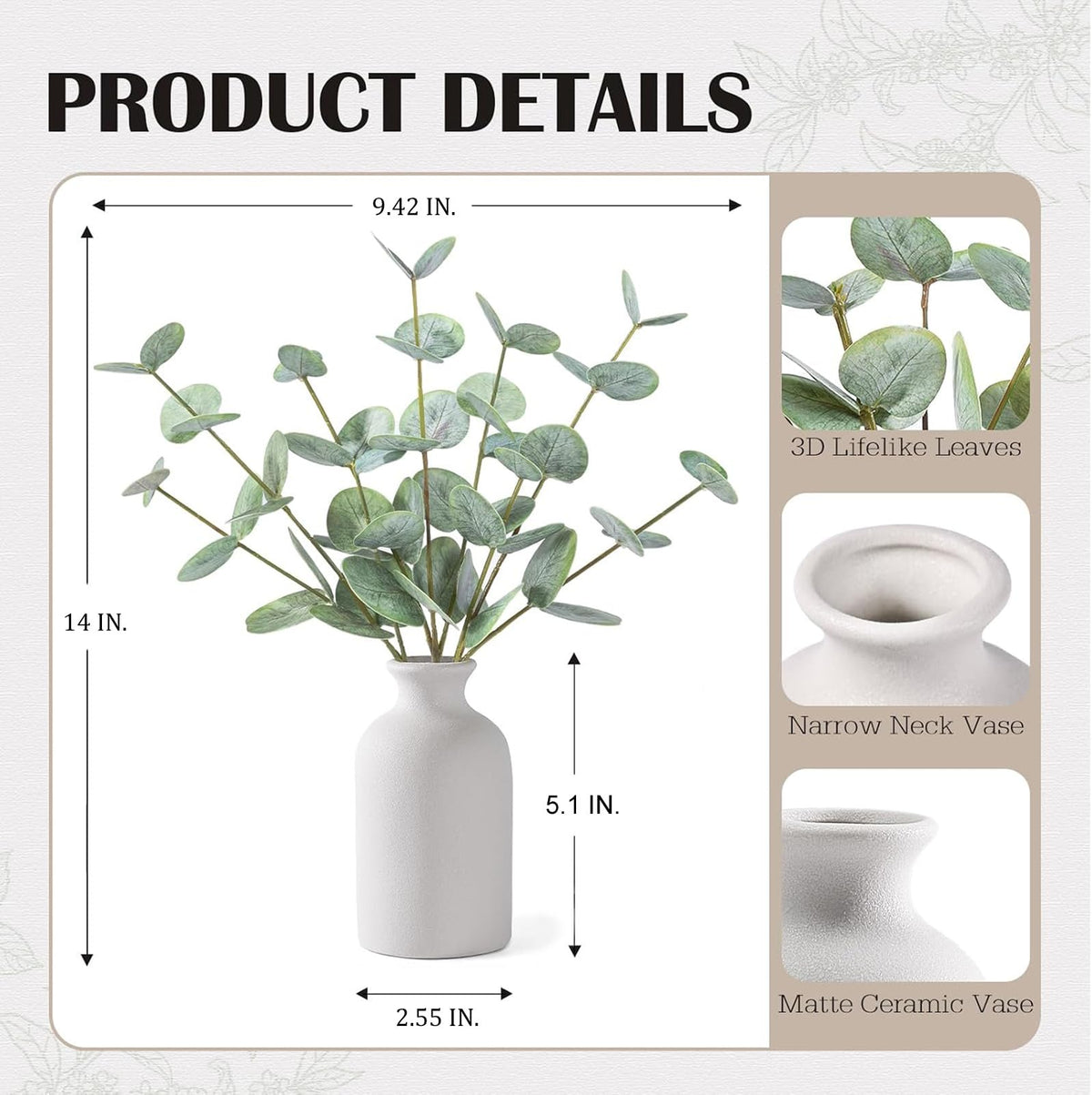 Artificial Eucalyptus Stems in Ceramic Vase, 14'' Fake Plants Greenery Stems Decor Eucalyptus Plant Farmhouse Room
