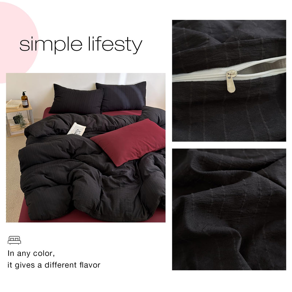 Retro Black Striped Duvet Cover 3 Pieces Textured Bedding Set
