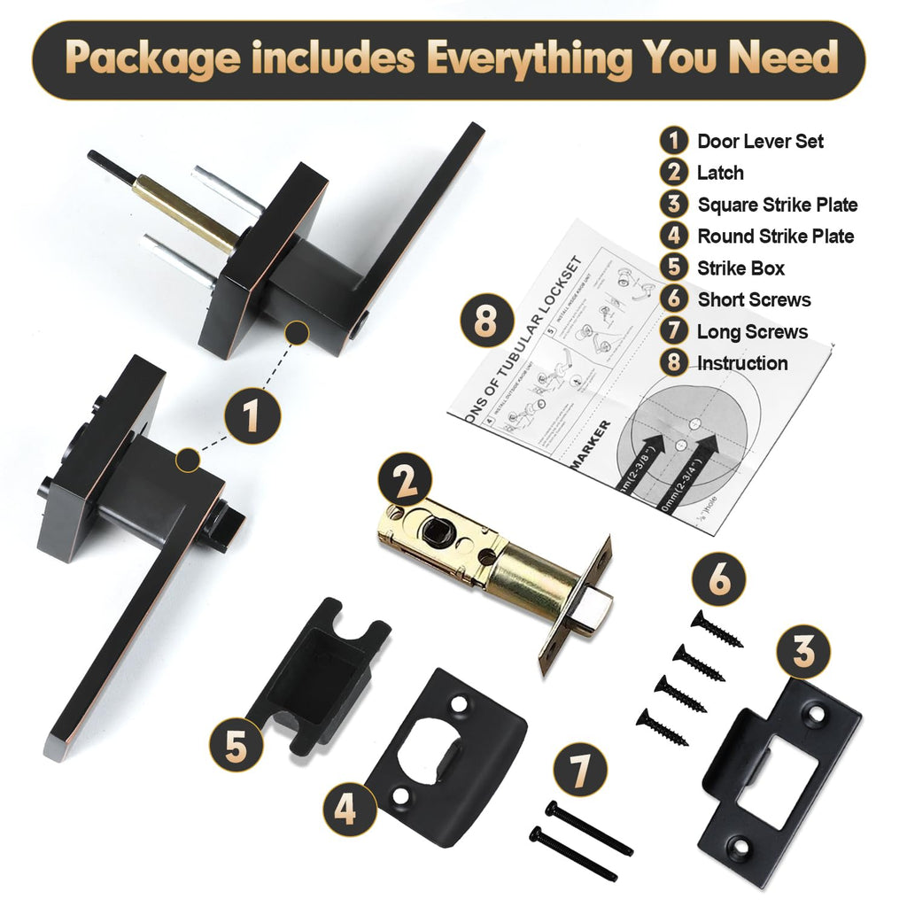 Privacy Door Levers, 6 Pack Oil Rubbed Bronze Door Handles Interior Heavy Duty Bed and Bath Keyless Door Locksets