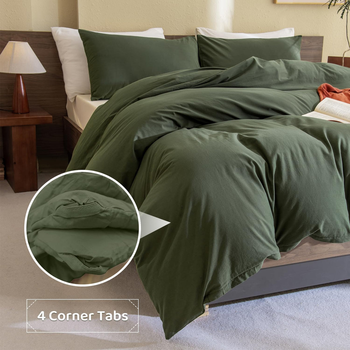 Cotton Olive Green Comforter Set, Dark Green Bedding Comforters Set Solid, 3 Pieces(1 Aesthetic Comforter and