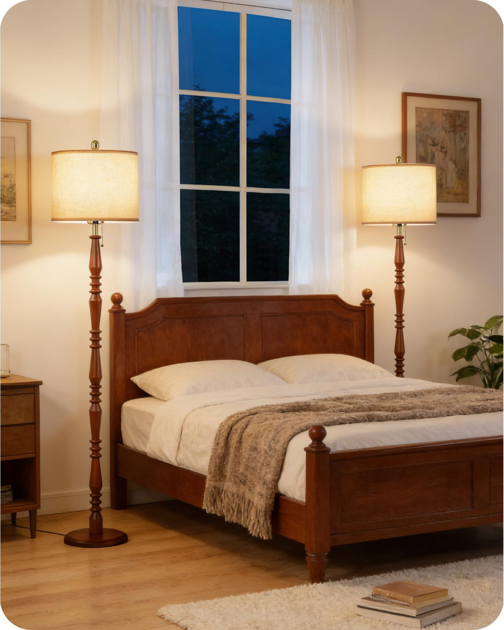 65" Farmhouse Wood Floor Lamp with Pull Chain, 3CCT, Walnut