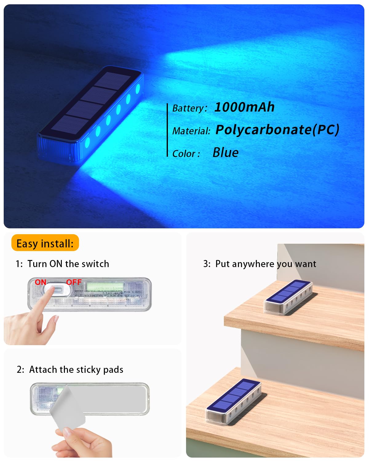 Blue Solar Step Lights for Outside IP68 Waterproof Led 6 Pack