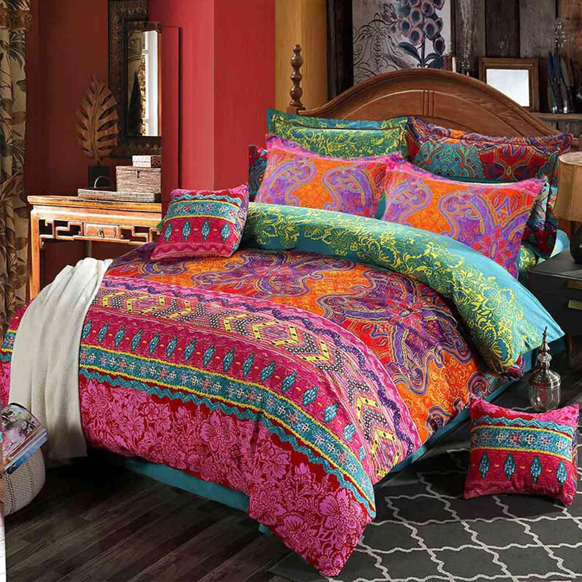 Boho King Size Comforter Set 3 Piece, Colorful, 90x104 Inch
