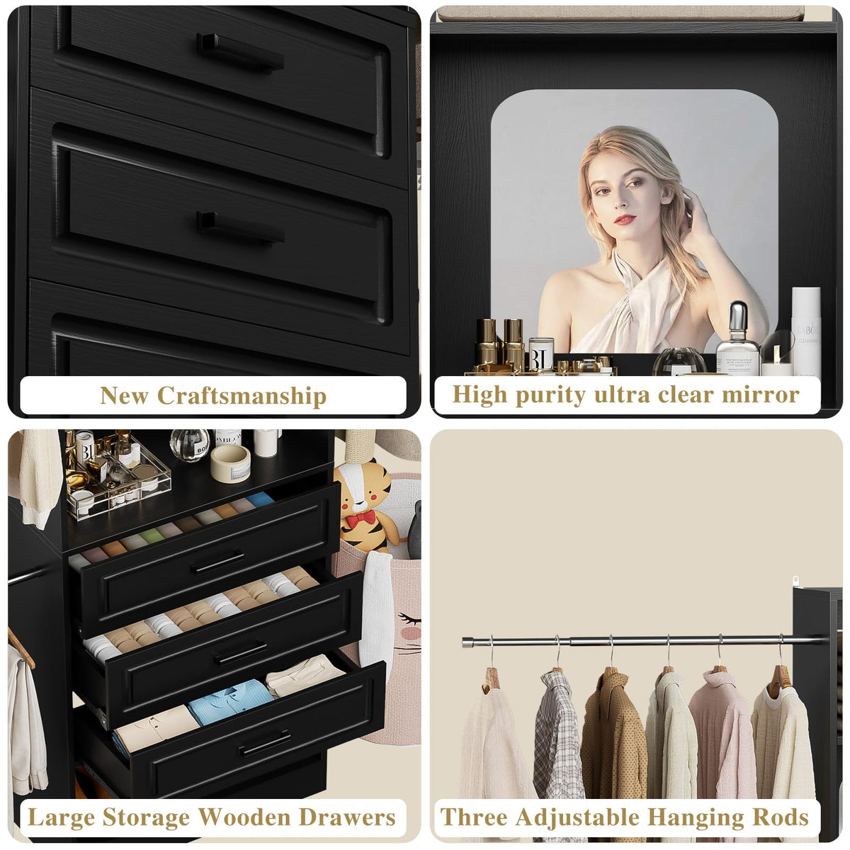 6-14FT Wood Closet System with 6 Drawers and Mirror, Black