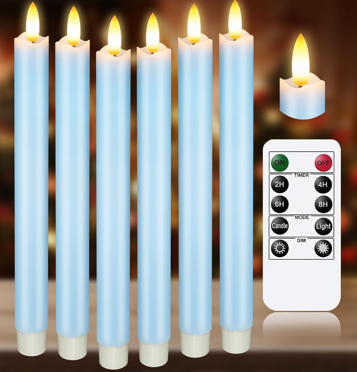 Upgraded Real Wax LED Flameless Light Blue Taper Candles with Remote, 6 PCS Candlesticks Battery Operated 3D