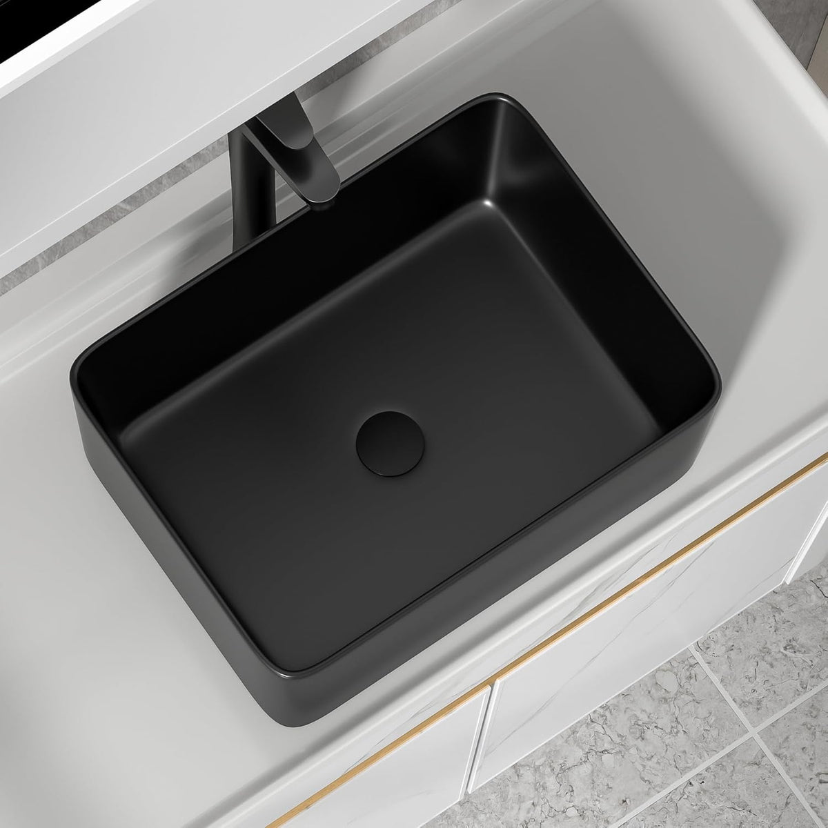 19"x15" Bathroom Vessel Sink Rectangular - Matte Black Porcelain Ceramic Rectangle Above Counter Vanity Lavatory Bath Sink Art Basin with Faucet & Pop-Up Drain