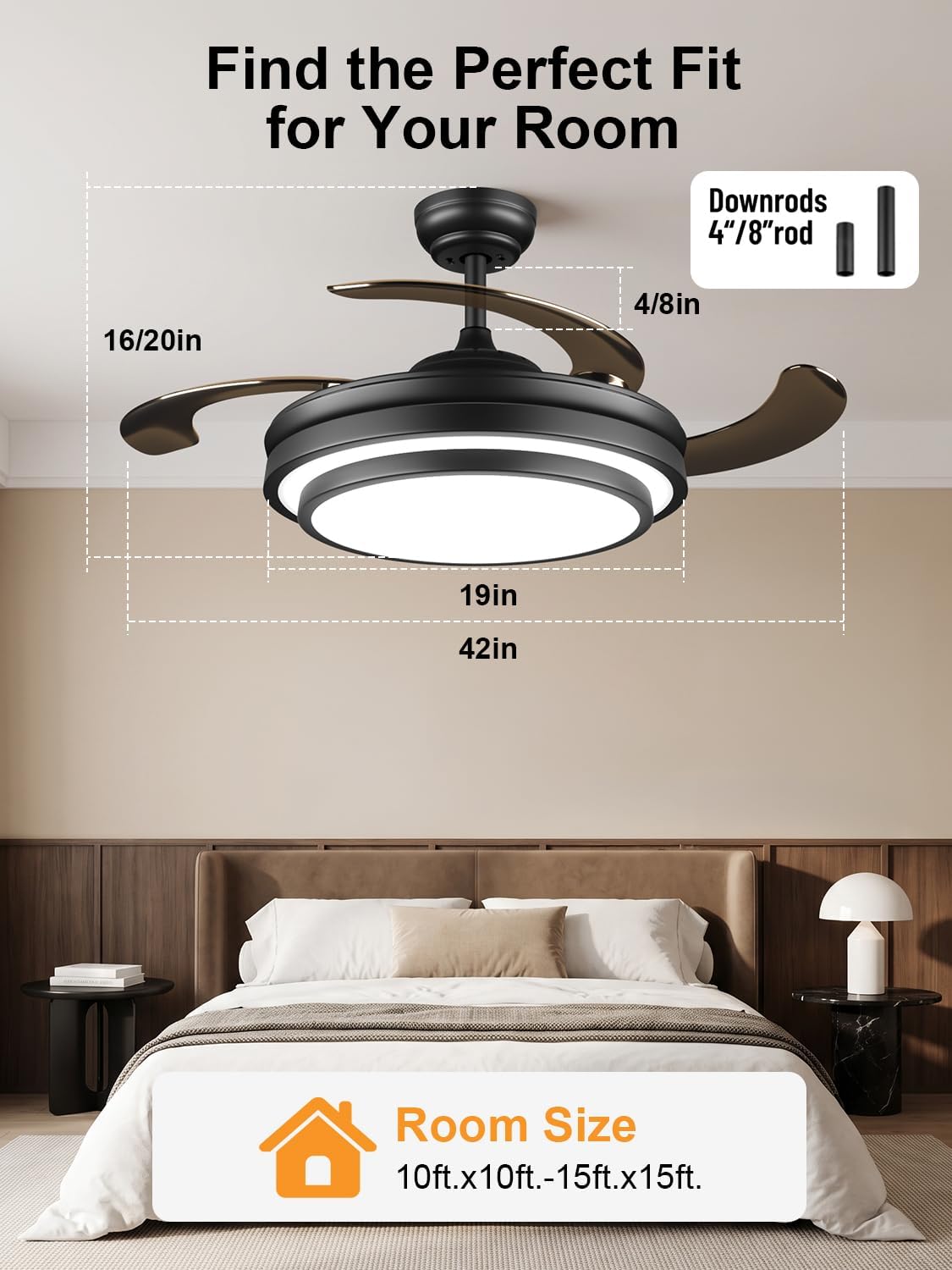 42" Black Chandelier Retractable Ceiling Fan with Light & Remote