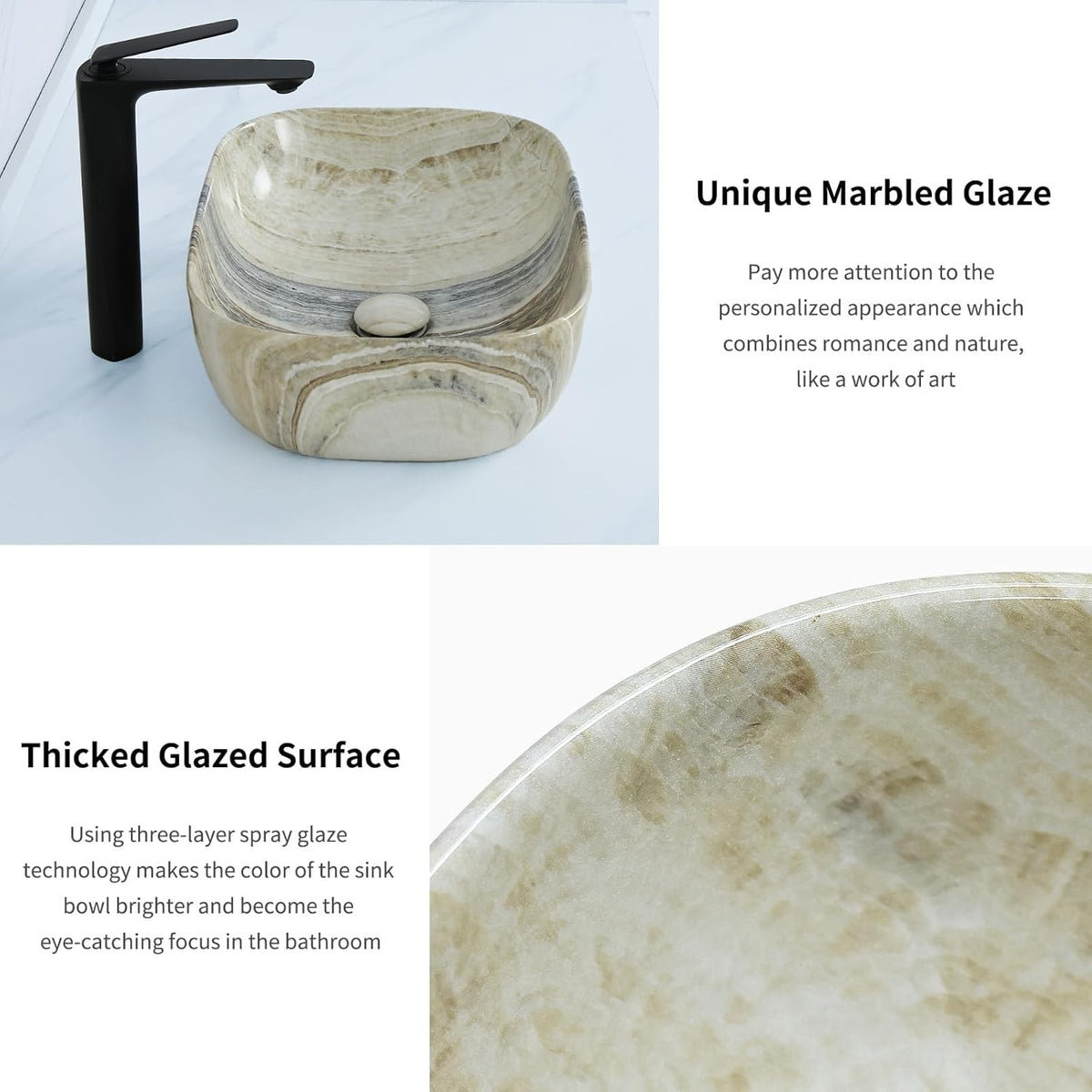 18.3"×13" Marbling Rectangle Bathroom Vessel Sink with Pop Up Drain,Nordic Ceramic Vessel Sinks,Bathroom Sinks