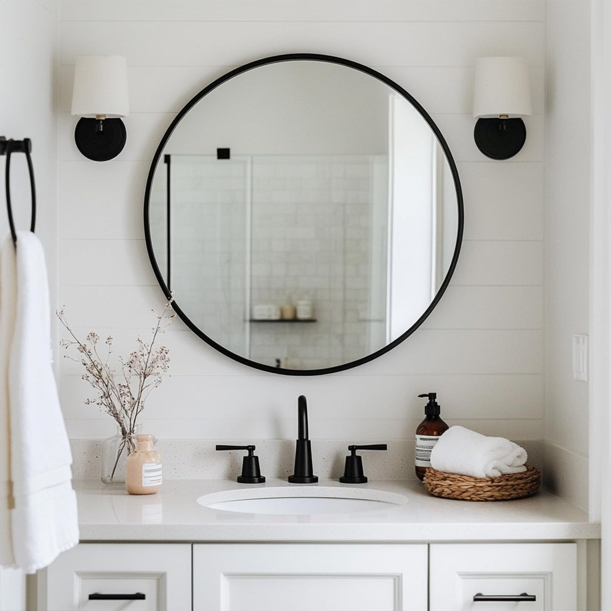 Round Mirror, 26 inch Black Circle Mirror, Matte Black Metal Frame