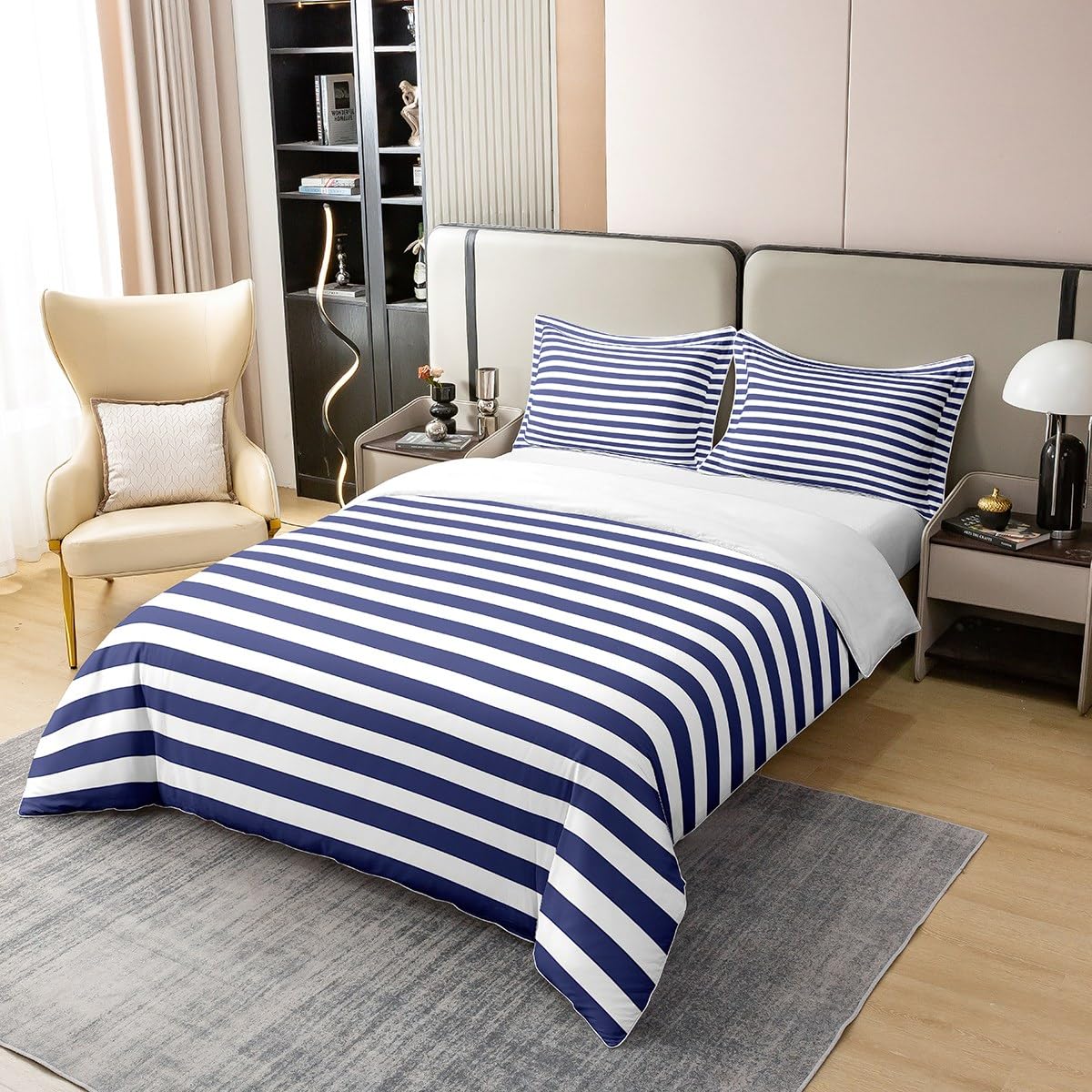 100 Percent Cotton Navy Blue Stripe Duvet Cover White Geometric Ticking Stripes Comforter Cover Farmhouse