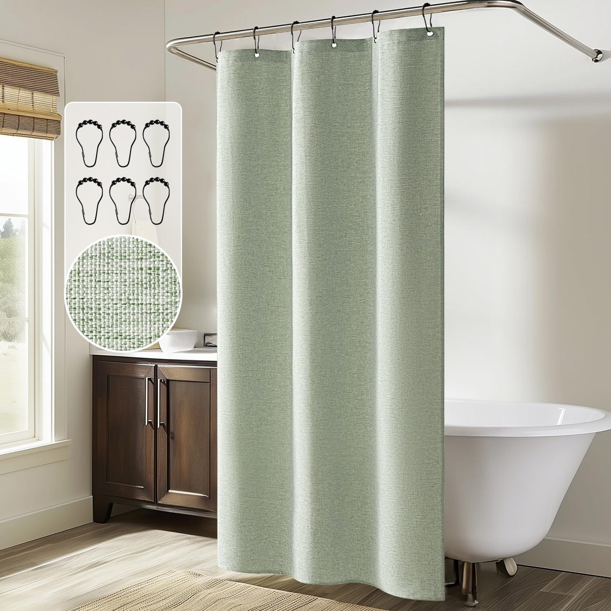 Stall Spring Linen Shower Curtain Sage Green W36*L72 6 Metal Hooks