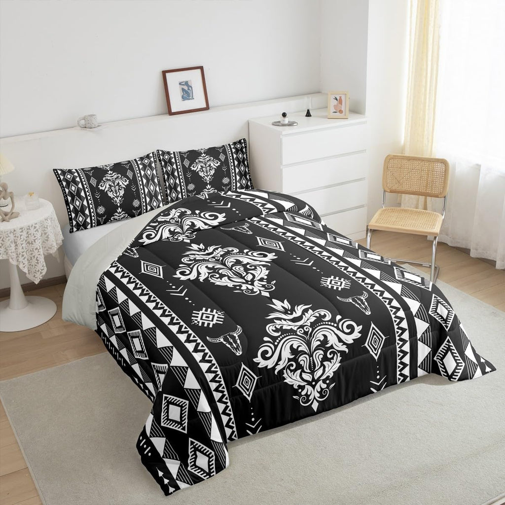 Western Damask Bedding Set King Size, Boho Aztec Comforter Set, Exotic Native Duvet Insert for Boys Girls Women Men