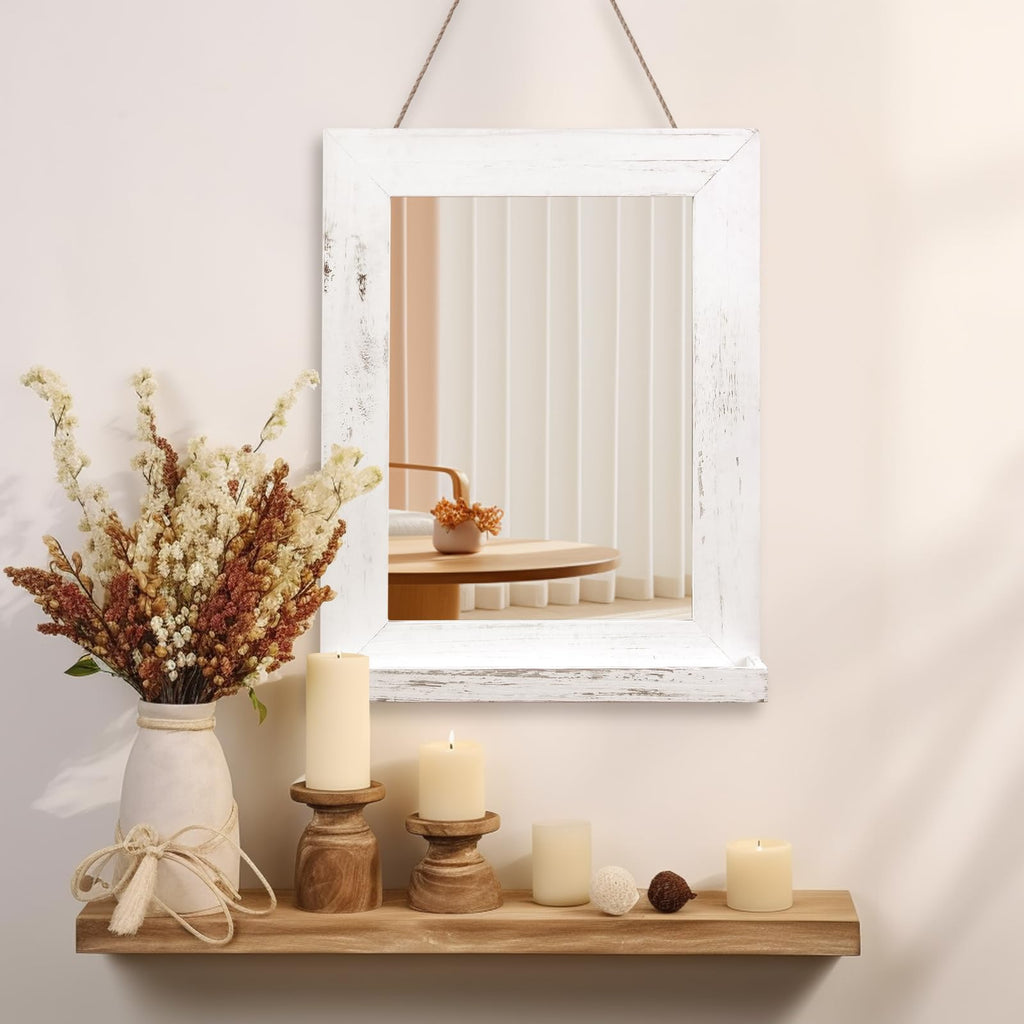 16" x 20" Farmhouse Wall Mirror with Shelf and Hemp Rope, White