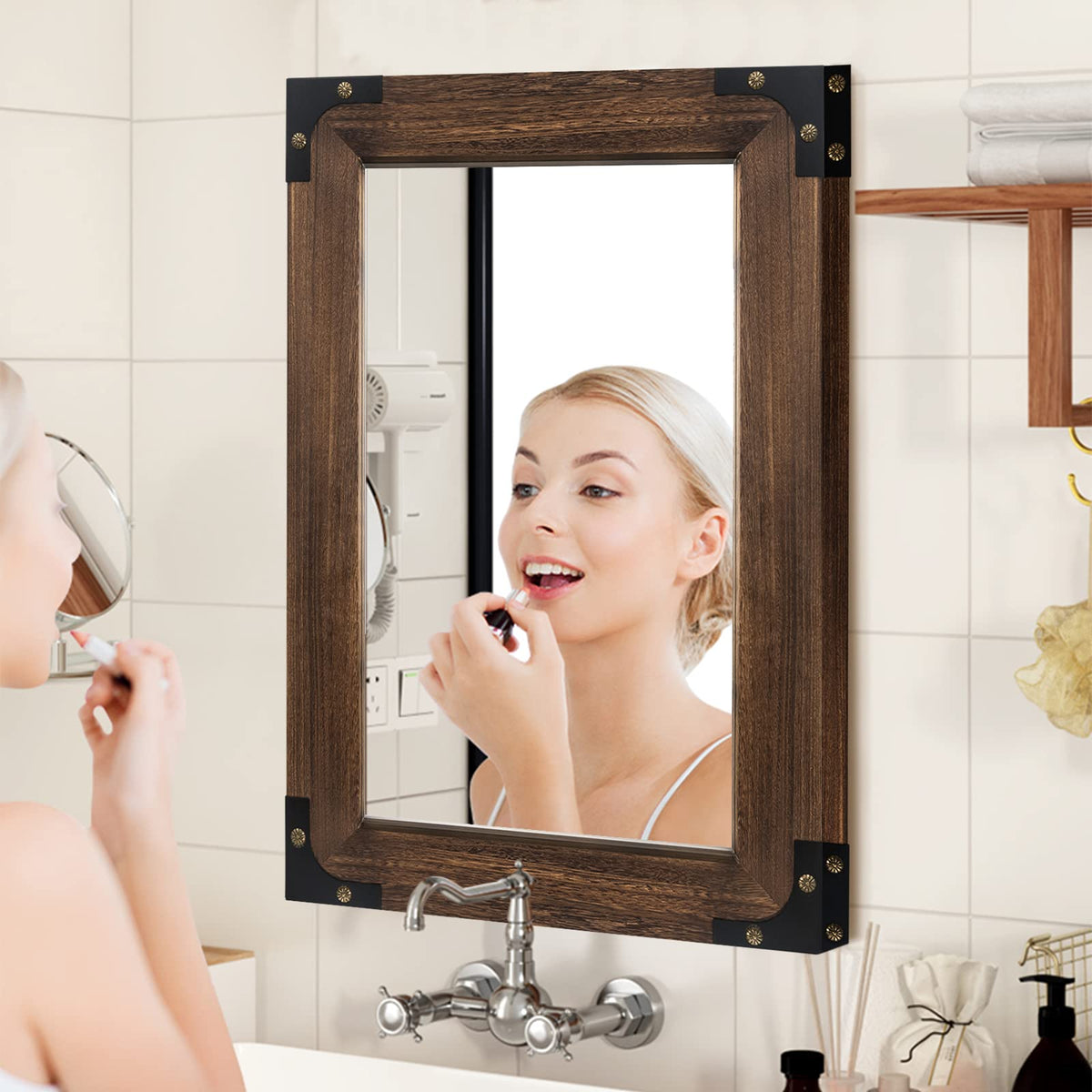 Rustic Rectangle Bathroom Mirror 20x28 Inch Wood & Iron, Iron