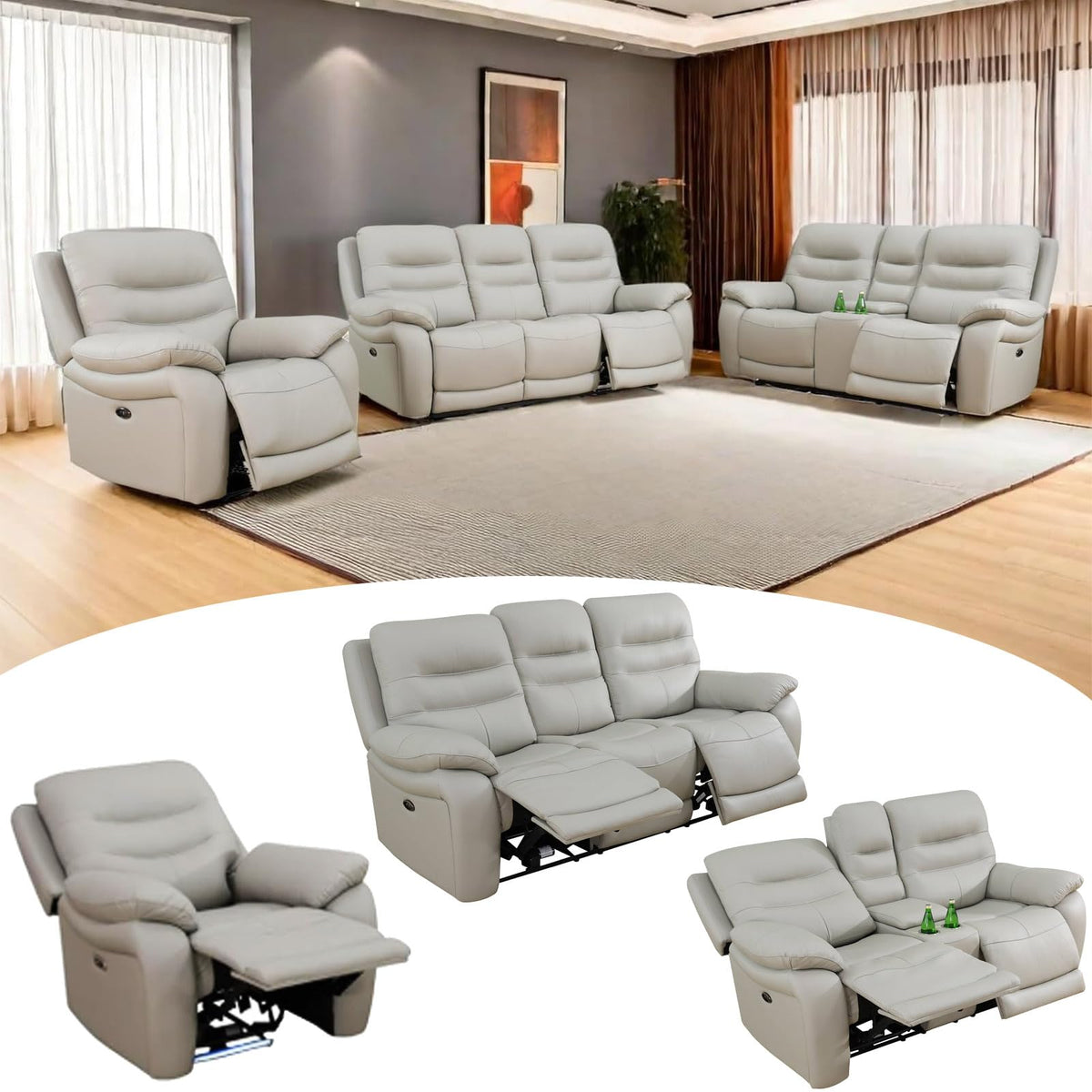 Power Reclining Sofa Set, Genuine Leather Recliner Sofa Set, Living Room Furniture Setwith USB Charging and LED