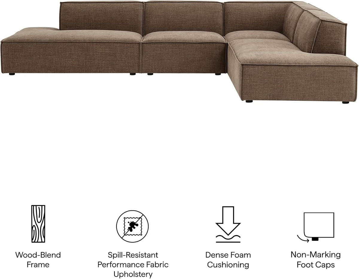 Restore Performance Fabric Upholstered 4-Piece Modular L-Shaped Armless Sectional Sofa in Mocha - Low Profile Couch