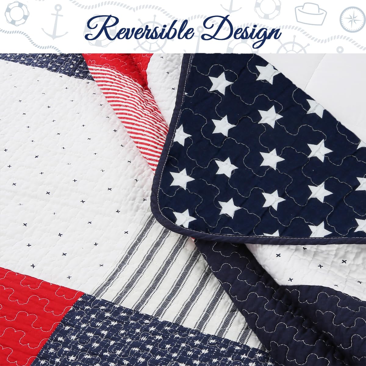 100% Cotton Sailor Navy Blue Star Striped Print Cotton Reversible Bedding Quilt Set (Patriotic Patchwork)