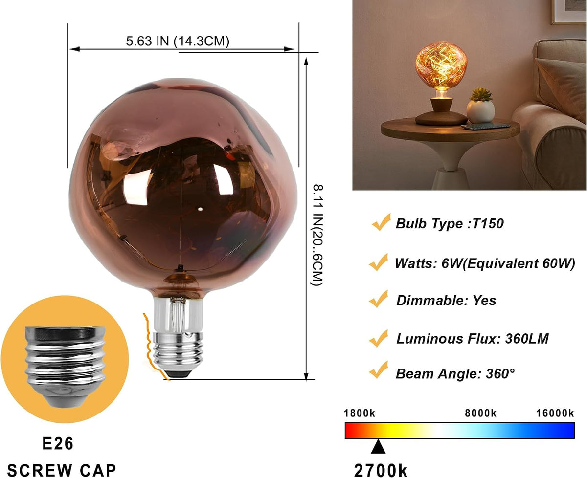 G150 Oversized Large LED Edison Bulbs,6W Warm Copper Glass
