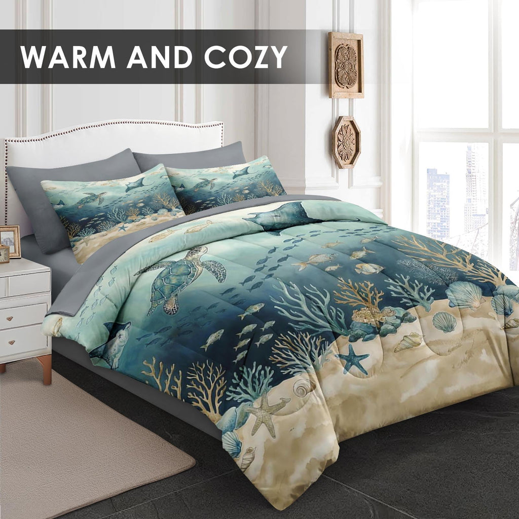 Comforter Set with Sheets, 7 Pieces Ocean Turtle Bedding