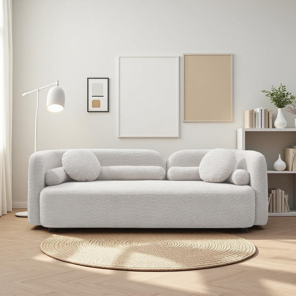 Curved Sofa Couch, 88.58", Solid Wood Frame, Pillows, Boucle, Modern, White