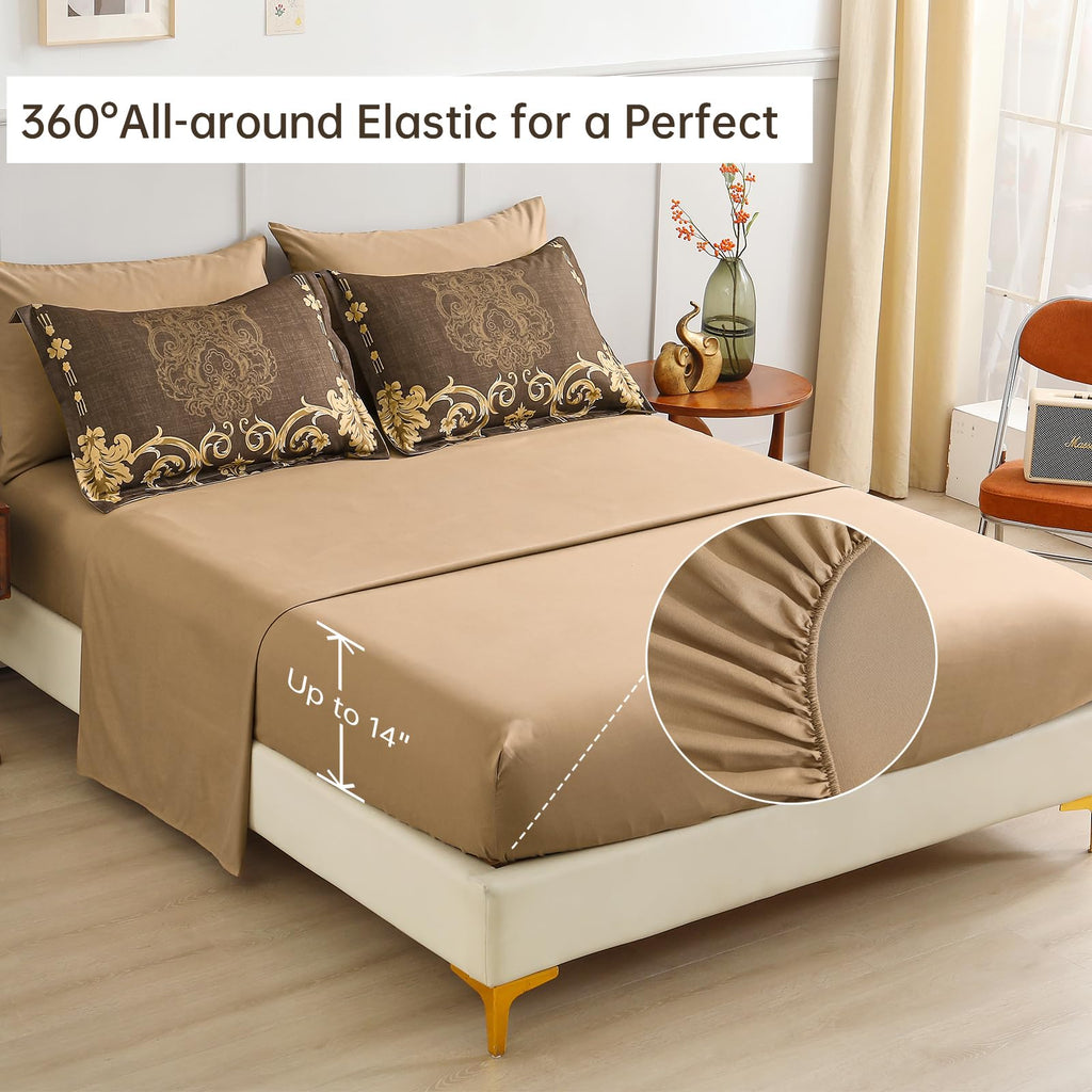 Coffee Comforter Set, 7 Pieces Damask Bed in a Bag