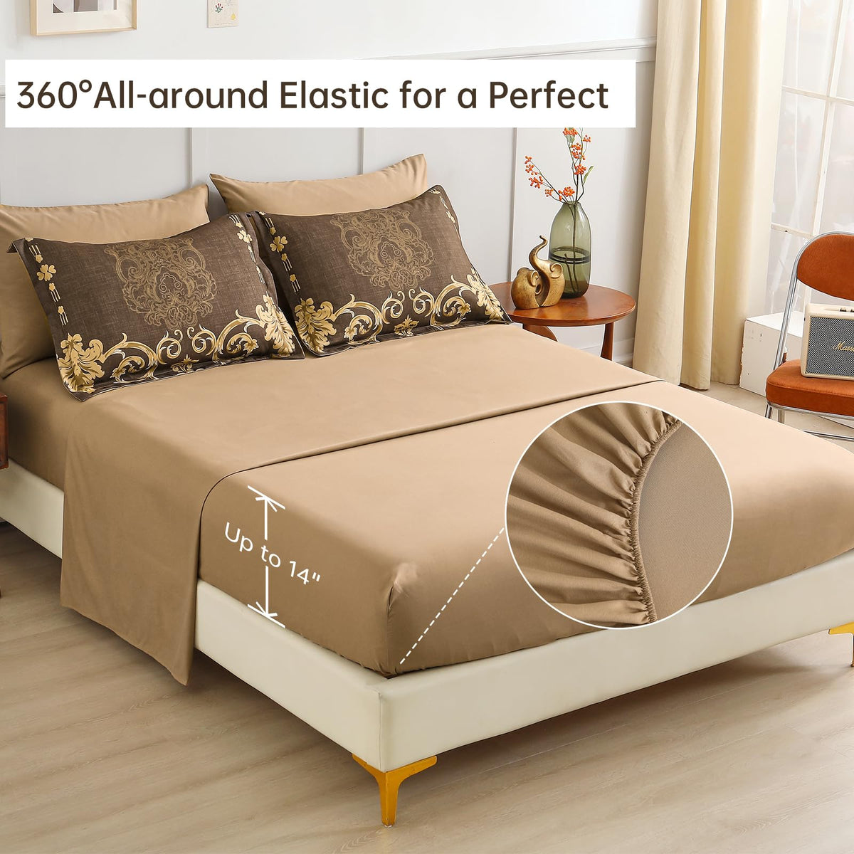 Coffee Comforter Set, 7 Pieces Damask Bed in a Bag