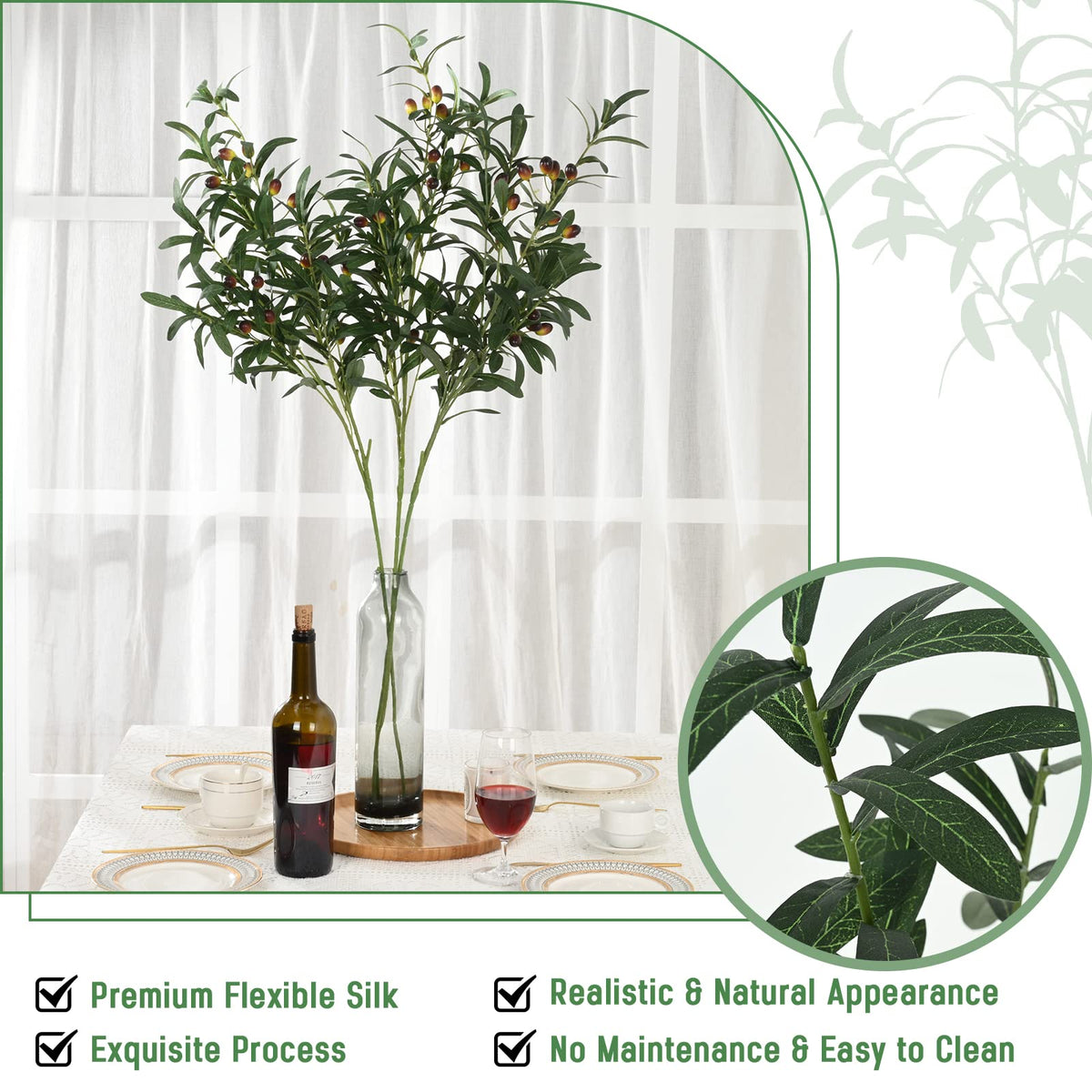 39'' Tall Faux Olive Branches for Vases, Artificial Greenery Stems Decor